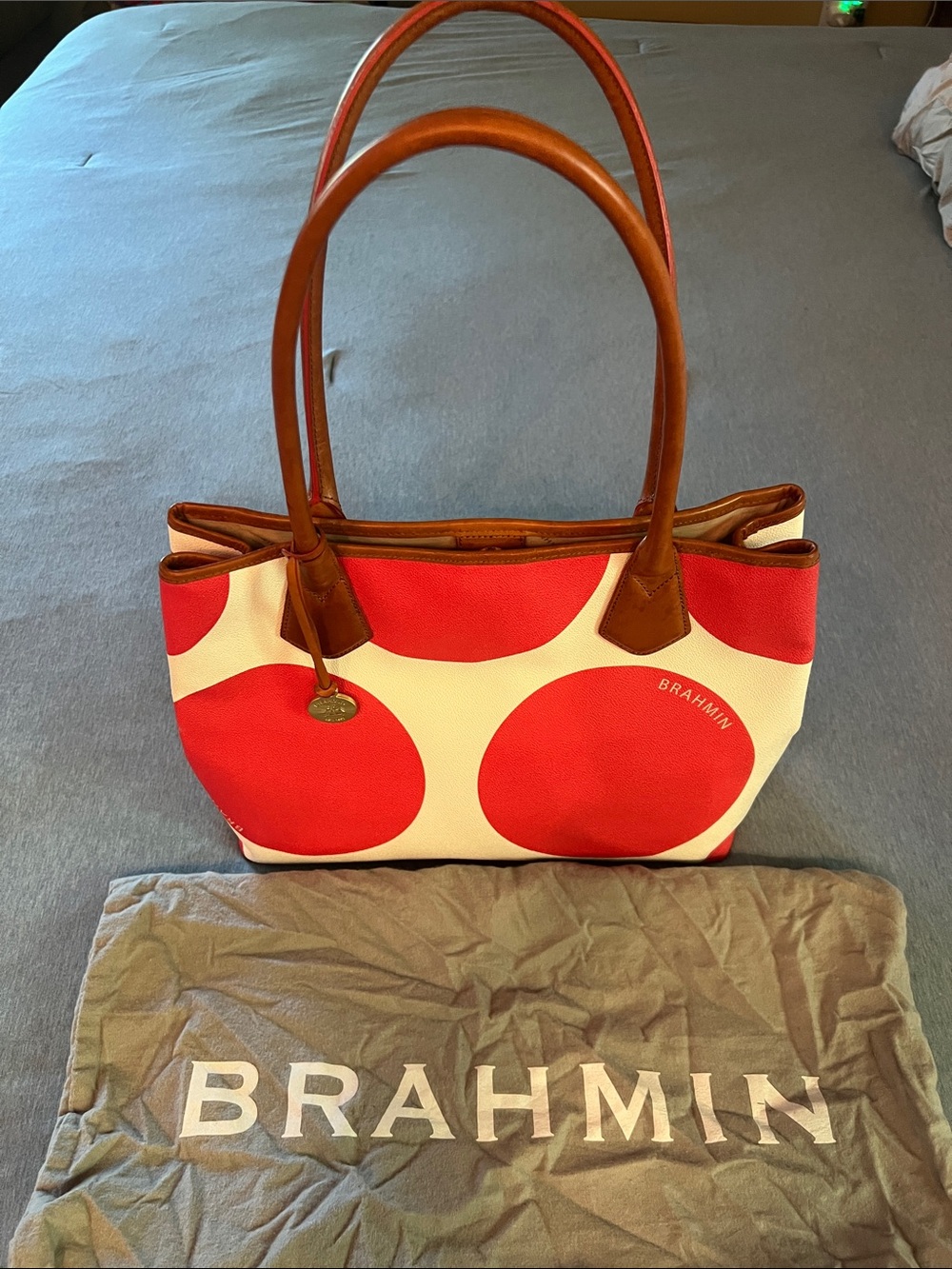 Brahmin Red and White Polka Dot Canvas Tote with Brown Leather Handles